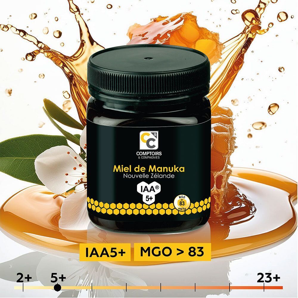Pot de Miel de Manuka IAA 5+ MGO > 83, entouré de miel et de fleurs.
