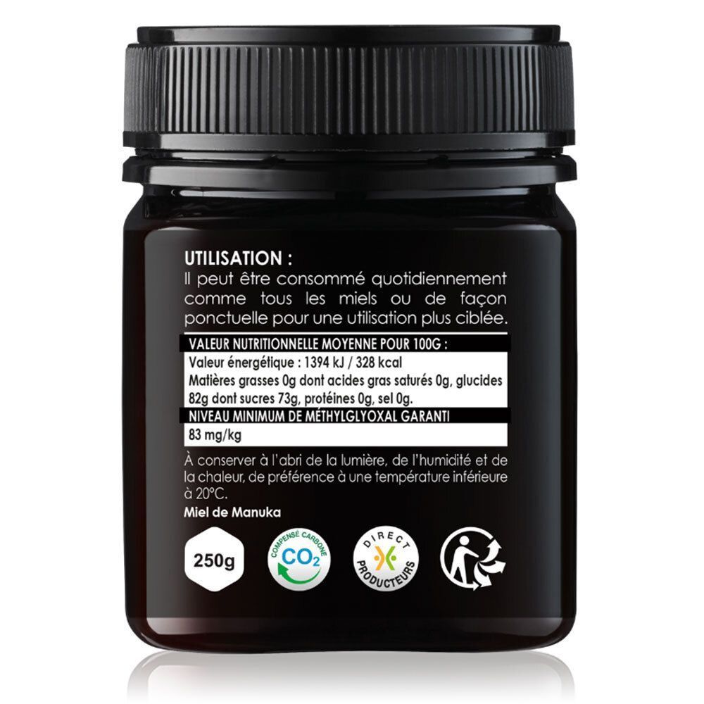 Arrière d'un pot de Miel de Manuka avec informations nutritionnelles et conseils de conservation.