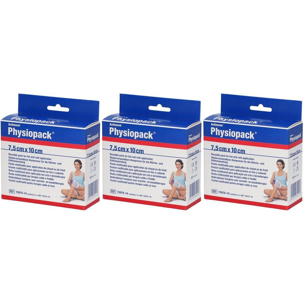 Trois paquets de compresses Physiopack, 7,5 x 10 cm.