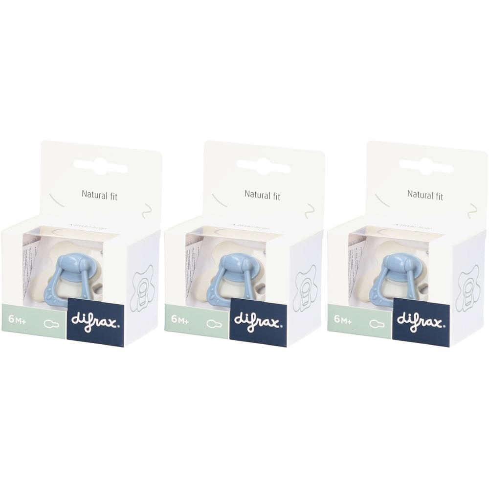 Trois sucettes Difrax 6M+ Natural Fit grises, présentées dans leurs emballages individuels.