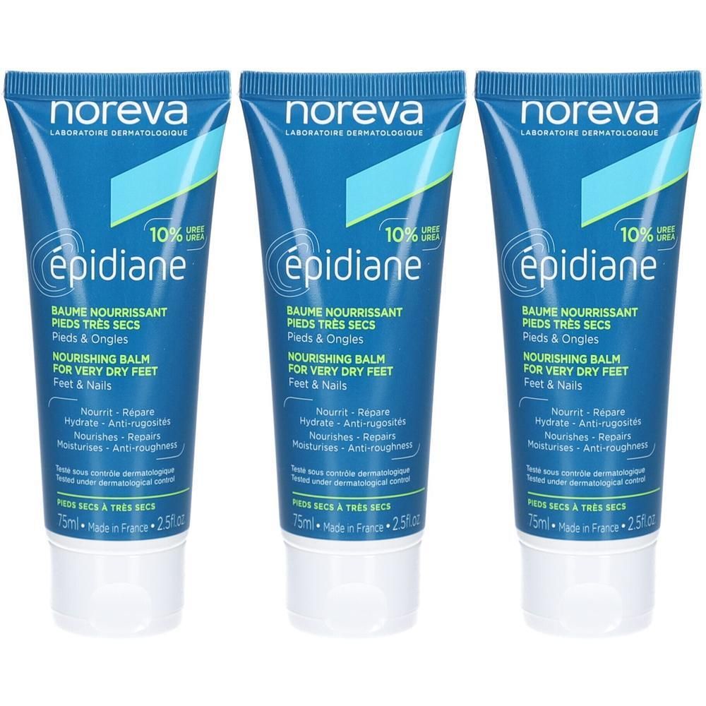 Trois tubes de baume Noreva Epidiane pour pieds très secs, contenant 10% d'urée.