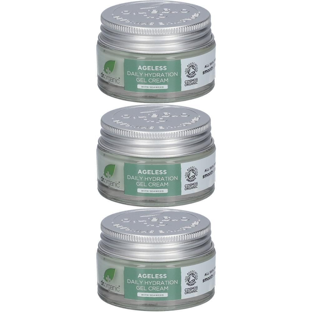 Drie potjes Dr. Organic Ageless Daily Hydration Gel Cream met zeewier.