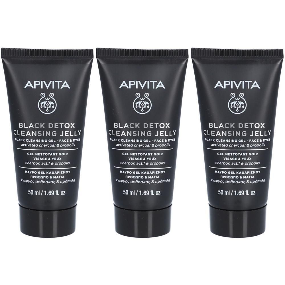 Drie zwarte tubes Apivita Black Detox Reinigingsgel, elk 50 ml.