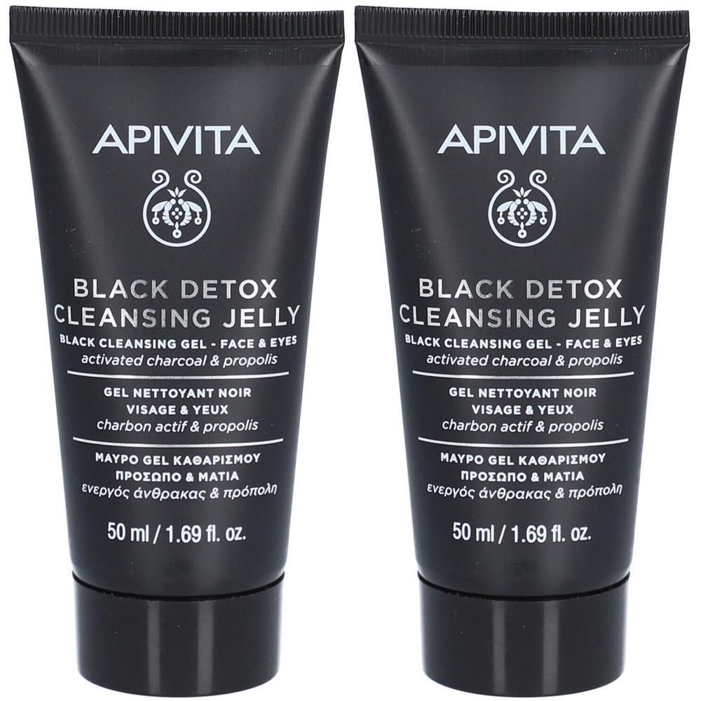Deux tubes noirs de Gel Nettoyant Apivita Black Detox, 50 ml.
