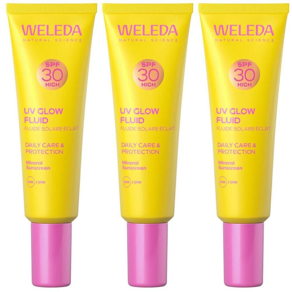 Drie tubes Weleda UV Glow Fluid SPF 30.