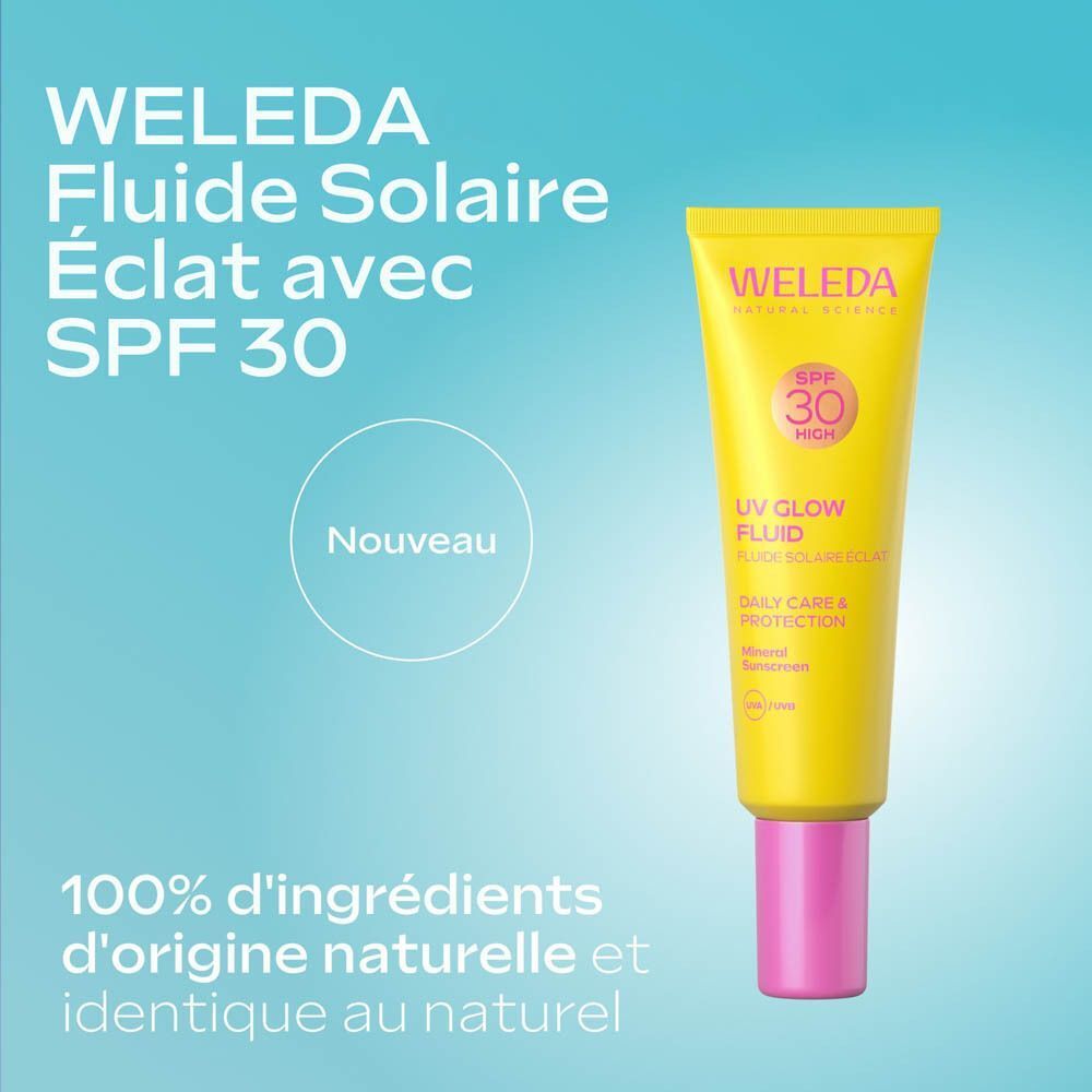 Fluide solaire UV Glow Weleda SPF 30 en tube jaune.