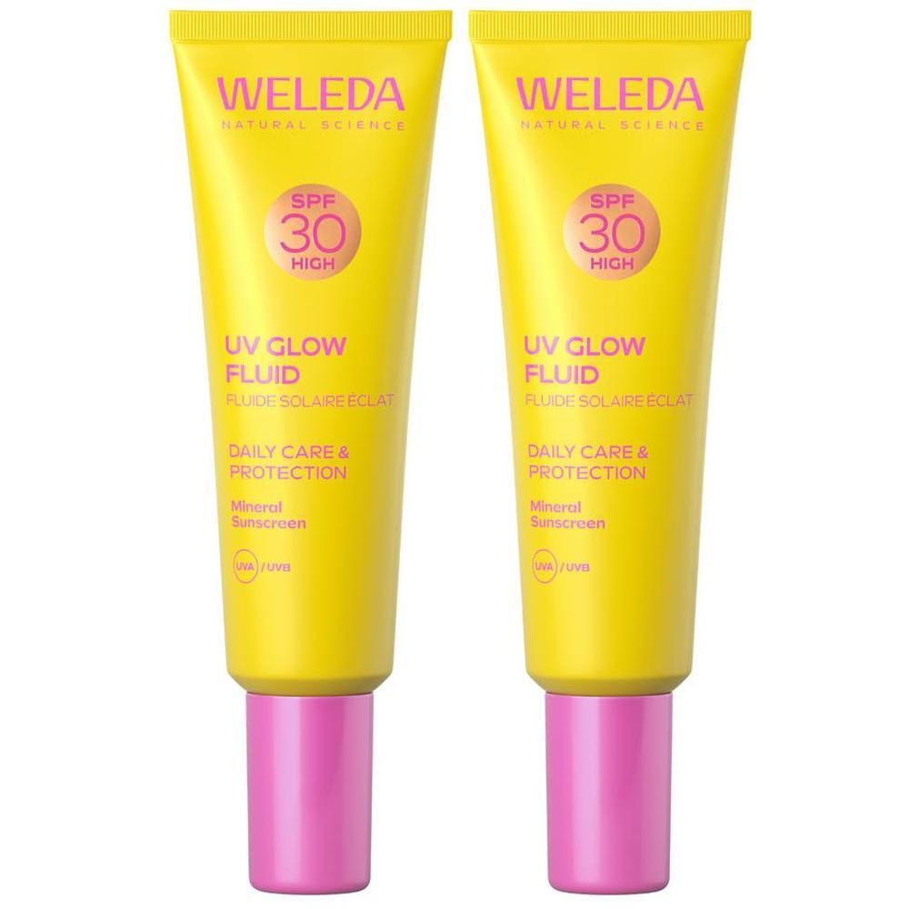Weleda UV Glow Fluid SPF 30 in een gele tube.