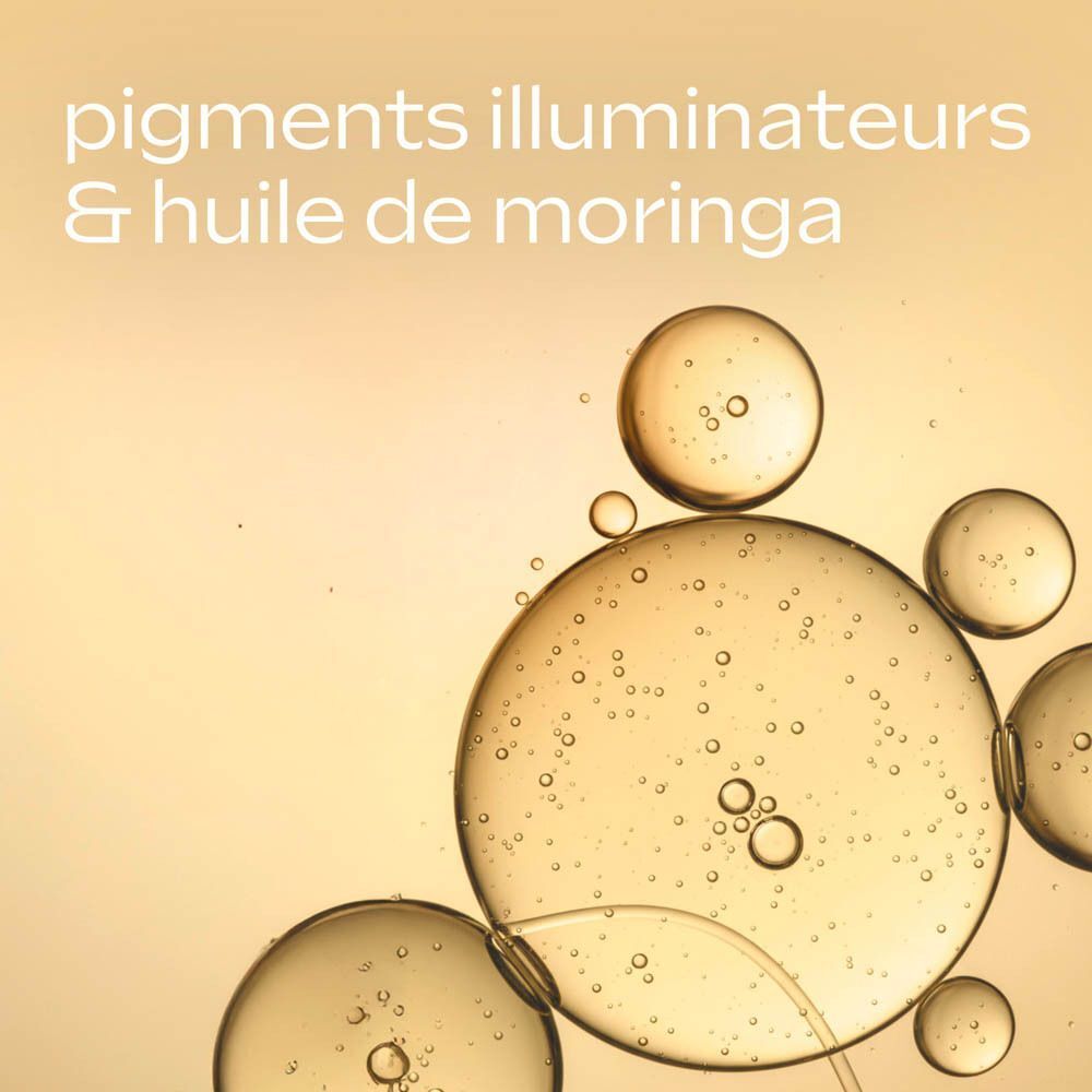 Pigments lumineux et huile de moringa dans des bulles.
