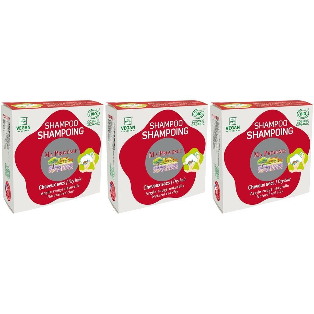 Trois boîtes de Ma Provence Shampoo Cheveux Secs à l'argile rouge. Certifié Vegan et Bio.