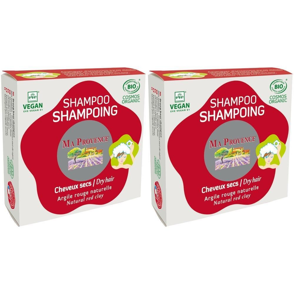 Twee dozen Ma Provence Shampoo voor droog haar met rode klei. Vegan en Bio gecertificeerd.