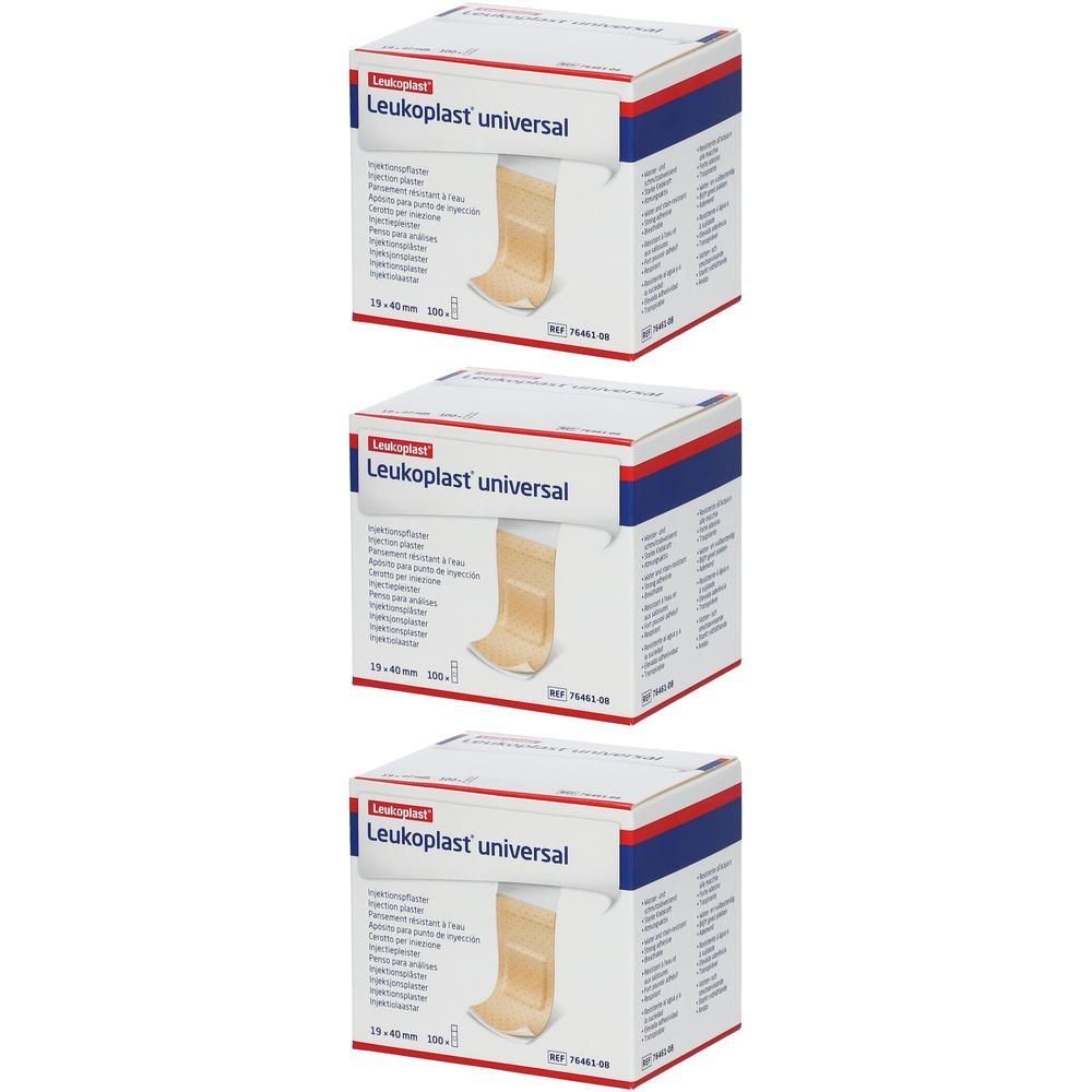 Drie dozen Leukoplast® Universal pleisters, 19 mm x 40 mm.