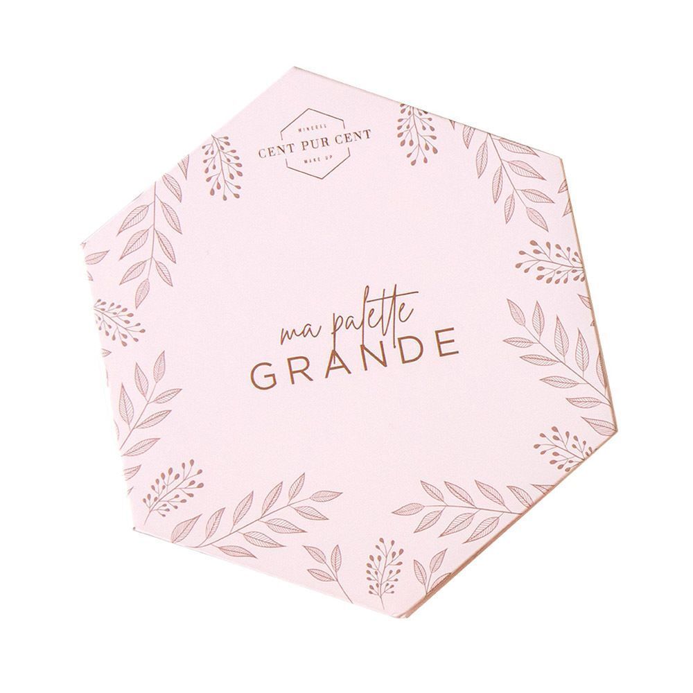 Palette maquillage hexagonale fermée, motif feuilles et nom du produit.