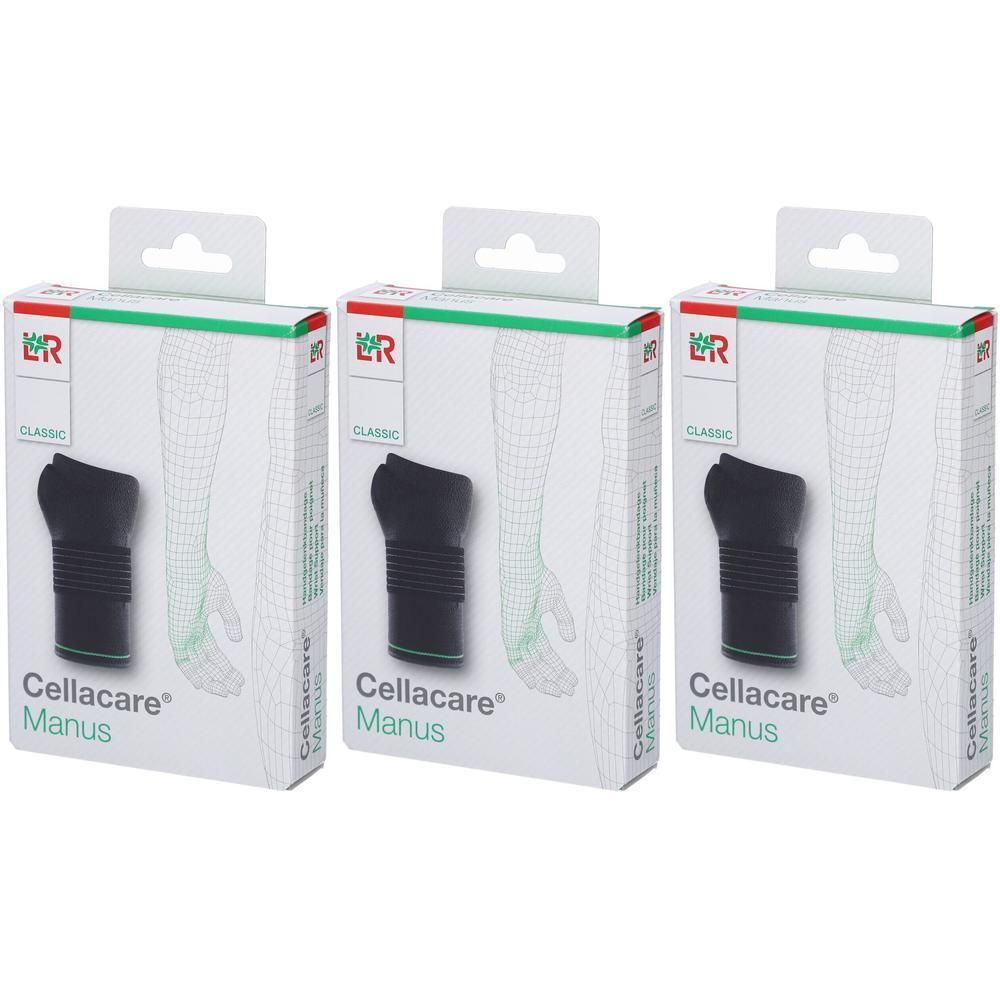 Drie verpakkingen Cellacare Manus Classic polsbandages. Zwarte bandage met ribbelpatroon.