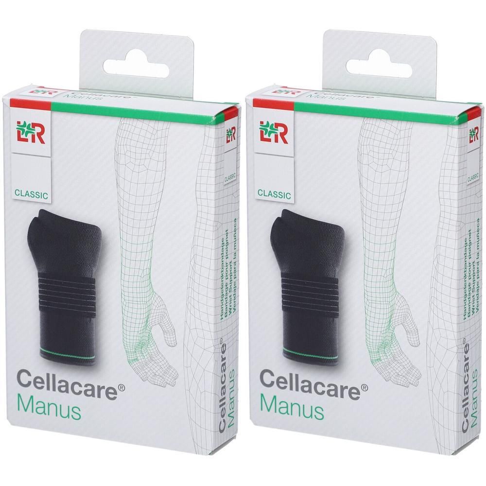 Twee verpakkingen Cellacare Manus Classic polsbandages. Zwart design met groene accenten.