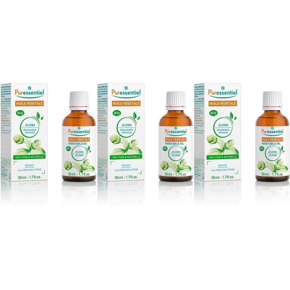 Vijf flessen Puressentiel Jojoba plantaardige olie Bio met doosjes. Elke fles bevat 50ml.