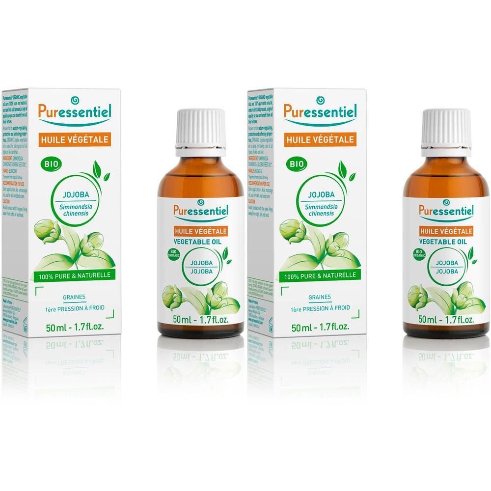 Huile végétale de Jojoba Bio Puressentiel en flacons de verre brun avec bouchons blancs. Boîte avec motif jojoba.