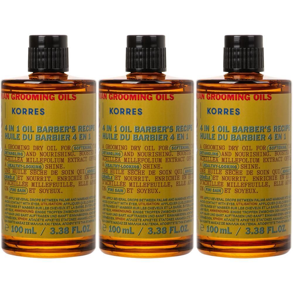 Drie flessen Korres 4-in-1 Barbier Olie met geel etiket en zwarte dop. Elke fles bevat 100 ml.