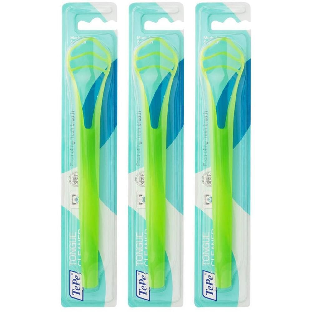Trois nettoie-langues TePe vert clair et bleu, emballés.