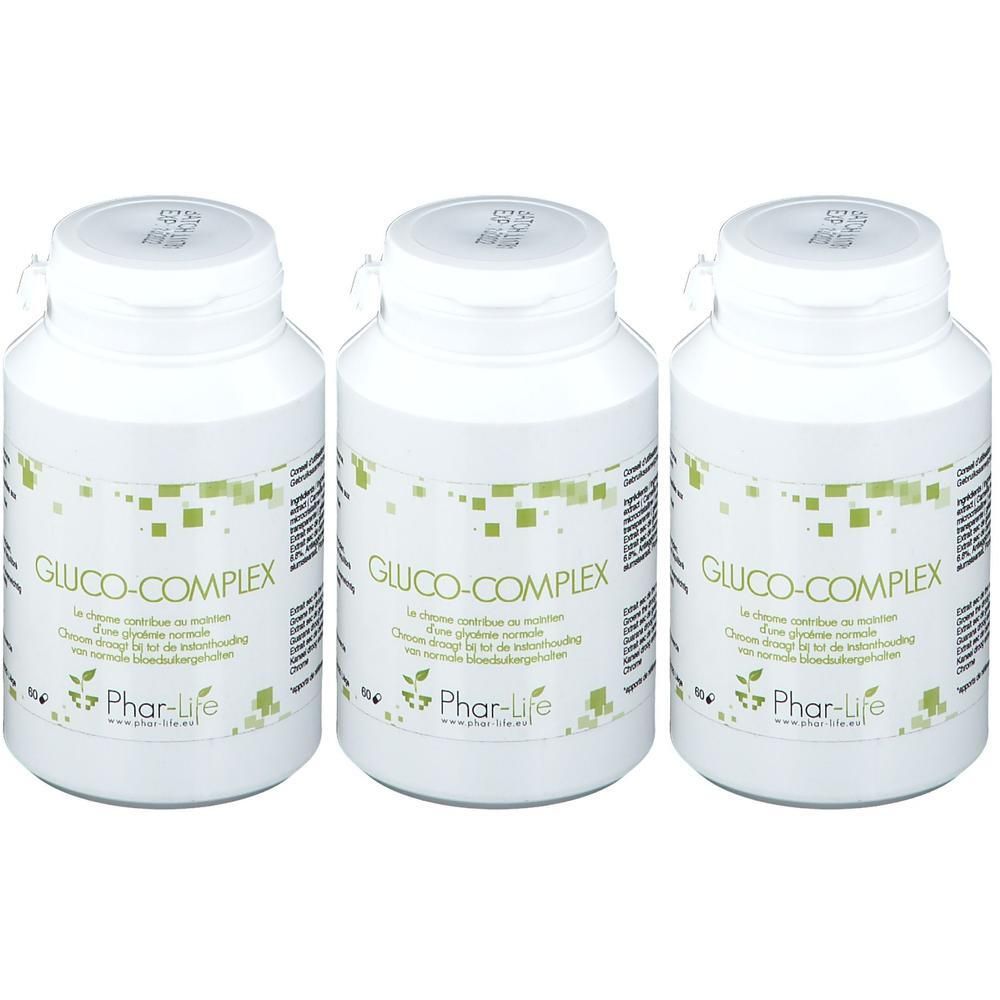 Trois flacons blancs étiquetés Phar-Life Gluco-Complex. Chaque flacon a un bouchon blanc.