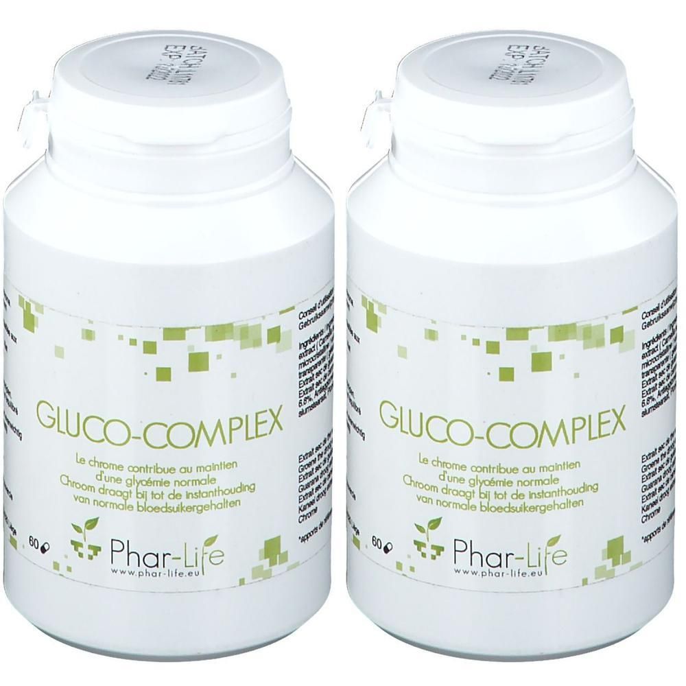 Deux contenants blancs avec inscriptions "Gluco-Complex" et "Phar-Life". 60g par contenant.