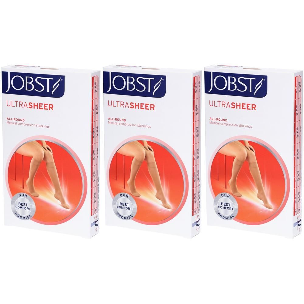 Trois boîtes de bas de compression JOBST Ultrasheer beiges, avec illustrations de jambes.