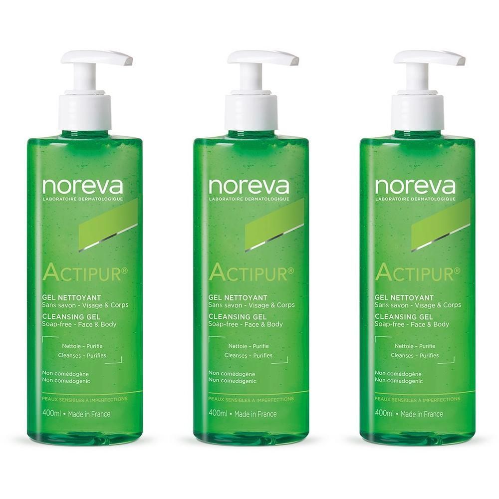 Trois flacons pompe verts Noreva Actipur Gel Nettoyant.