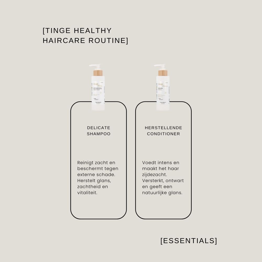 Grafiek met Tinge Delicate Shampoo en Tinge Conditioner voor haarverzorging.