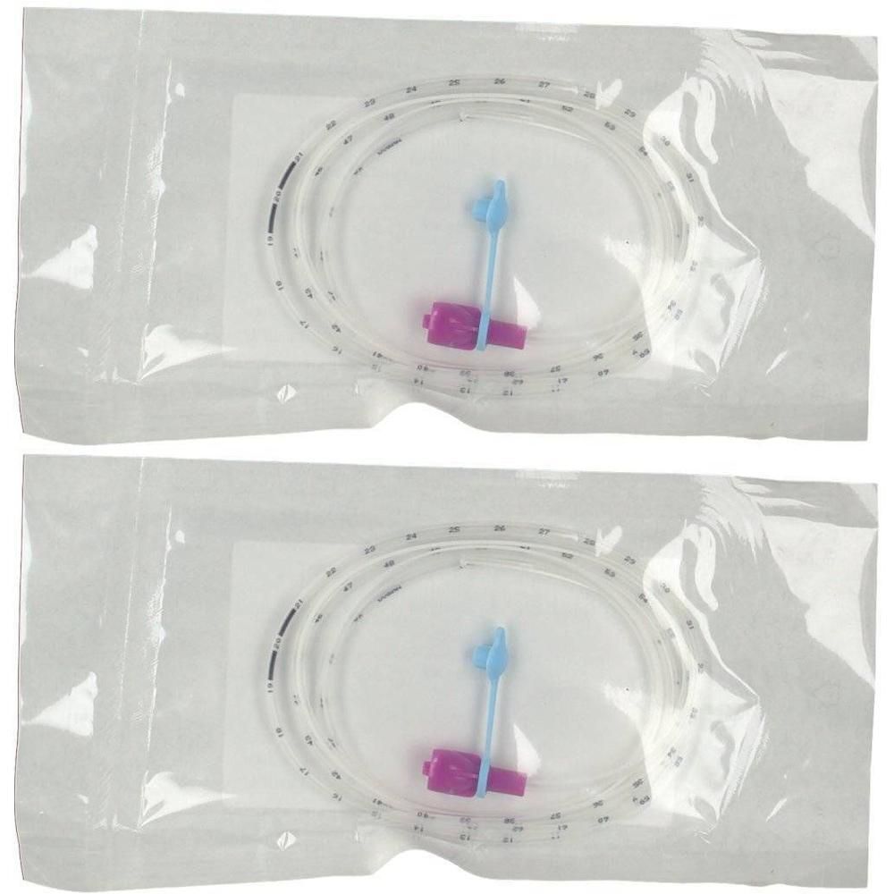 Deux sondes stériles emballées avec connecteurs bleus et violets et marquages.
