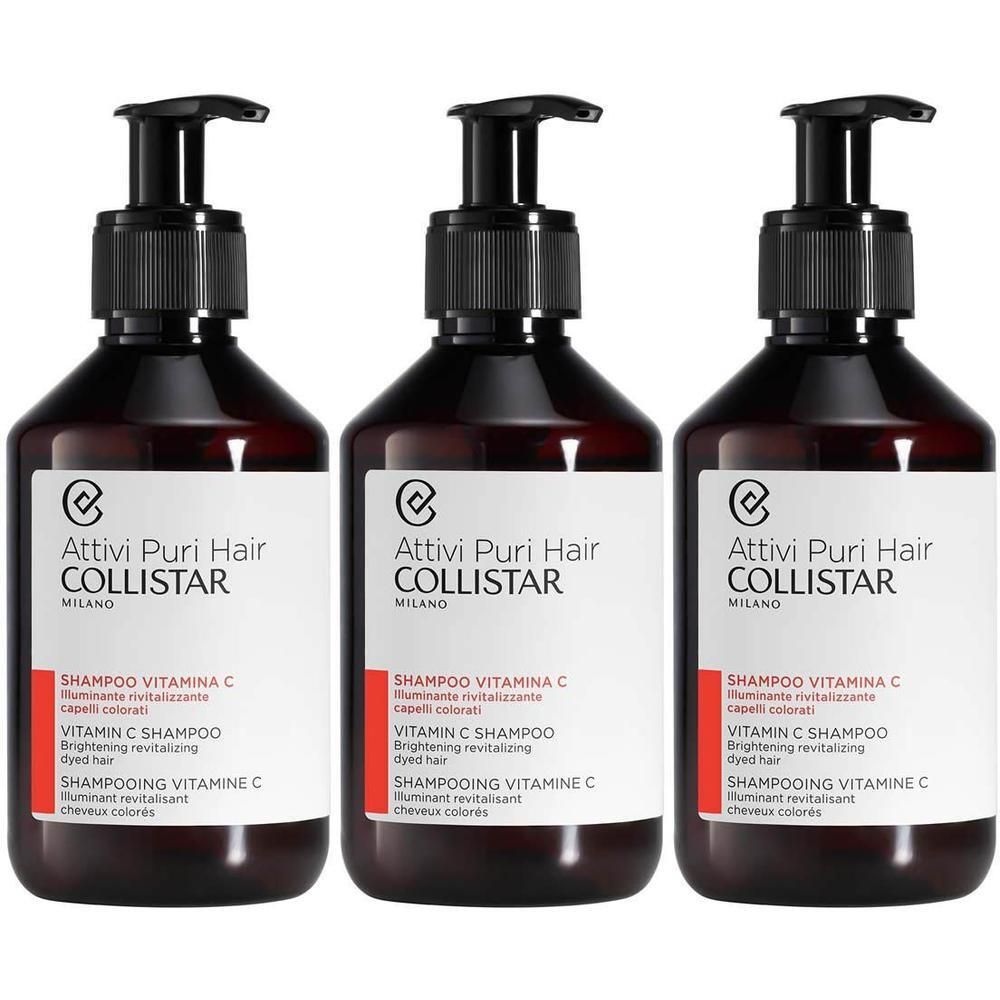 Drie flessen Collistar Vitamine C Shampoo voor gekleurd haar.