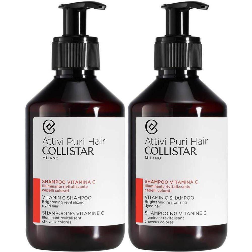 Twee flessen Collistar Vitamine C Shampoo voor gekleurd haar met pompdosering.