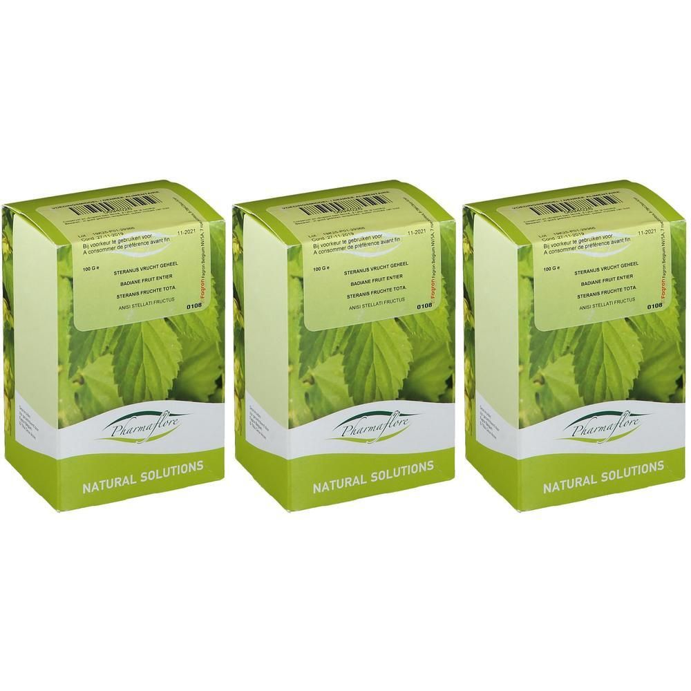 Trois boîtes de Pharmaflore Anis Étoilé Fruit Entièrement, motif feuilles et logo.