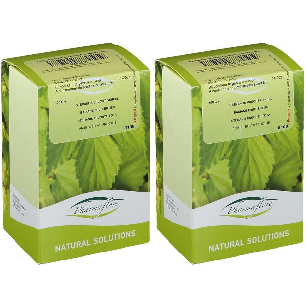 Deux boîtes de Pharmaflore Anis Fructus avec des feuilles vertes.