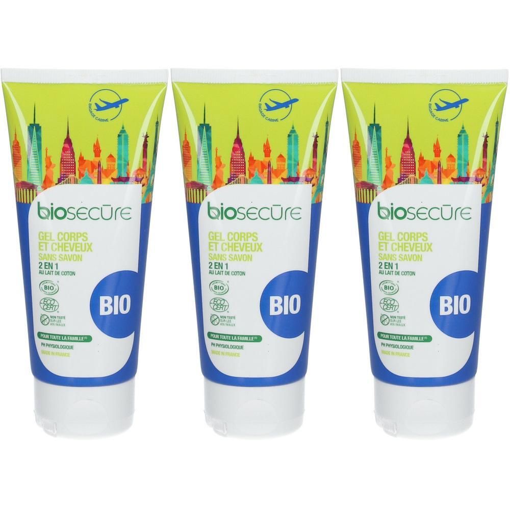 Trois tubes de gel douche 2-en-1 Bio Secure Corps et Cheveux au lait de coton.