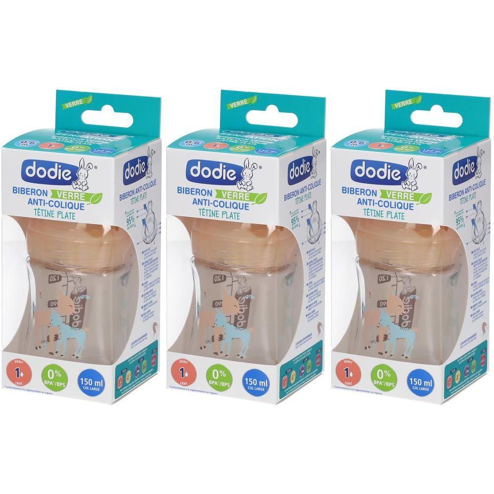 Trois biberons Dodie en verre, 150 ml, tétine plate, coloris beige.
