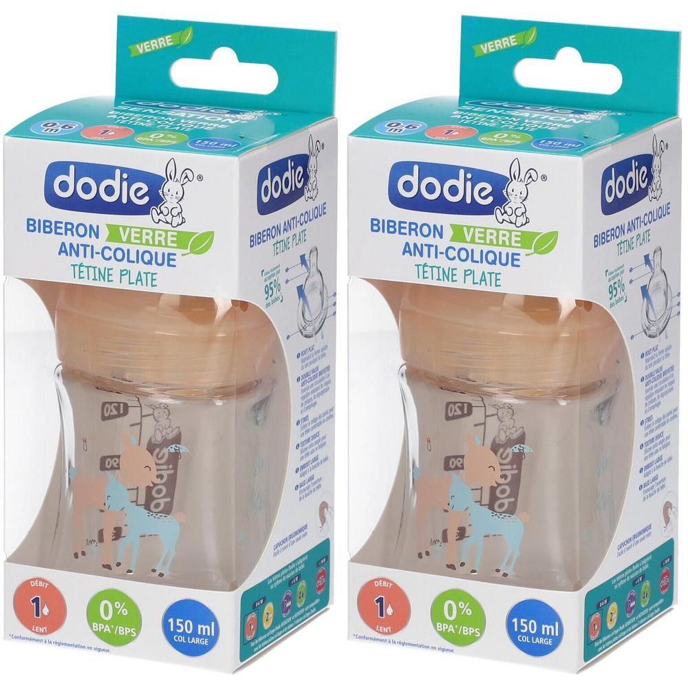 Deux biberons Dodie en verre, 150 ml, avec tétine plate et valve anti-colique.