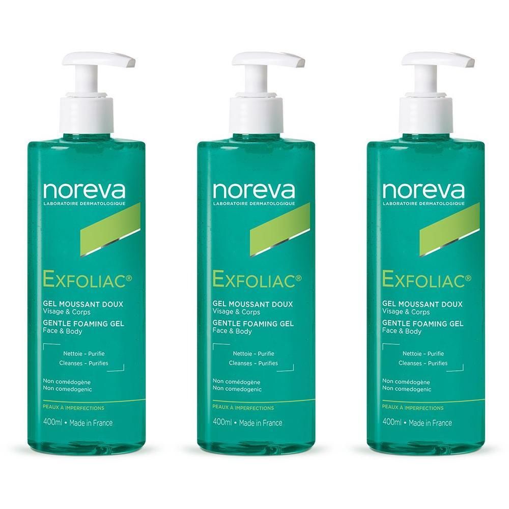 Trois flacons de gel moussant doux Noreva Exfoliac avec pompes. 400ml, Fabriqué en France.