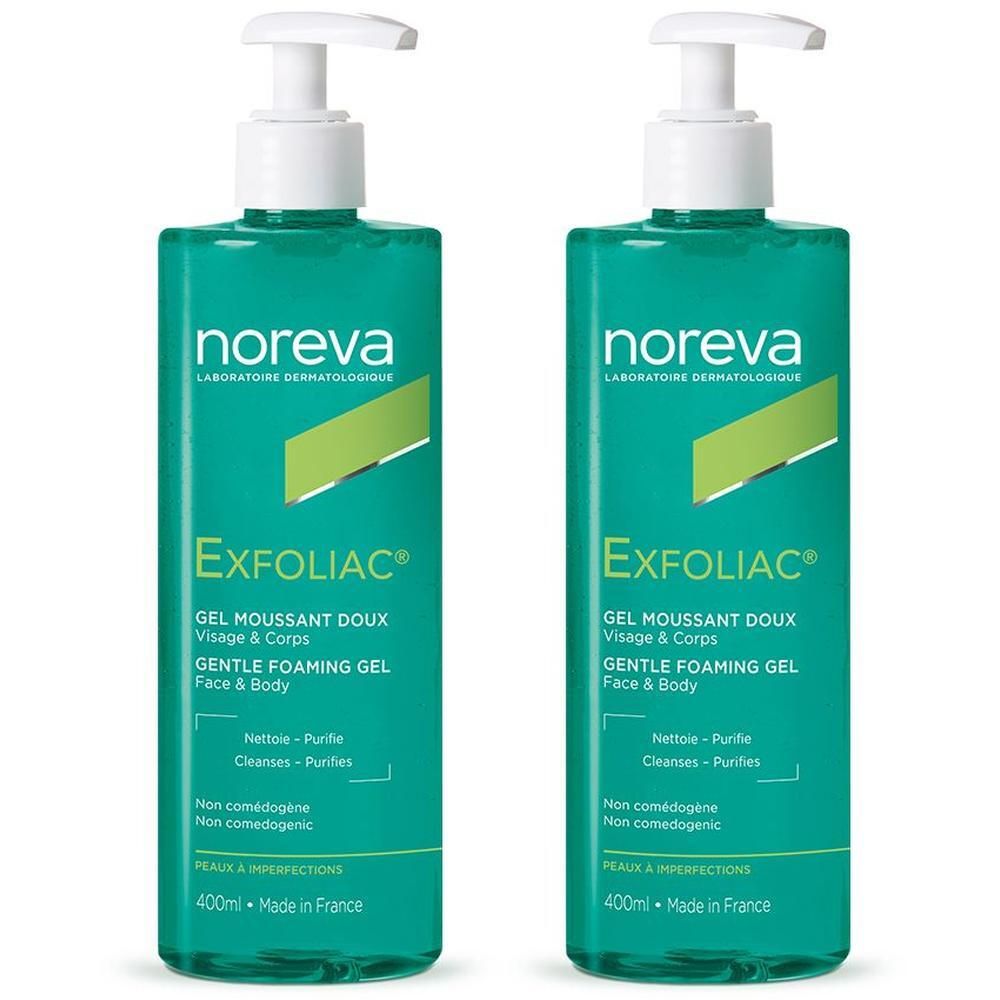 Twee Noreva Exfoliac Gentle Foaming Gel flessen met pompen. Groene flessen, witte pompen.