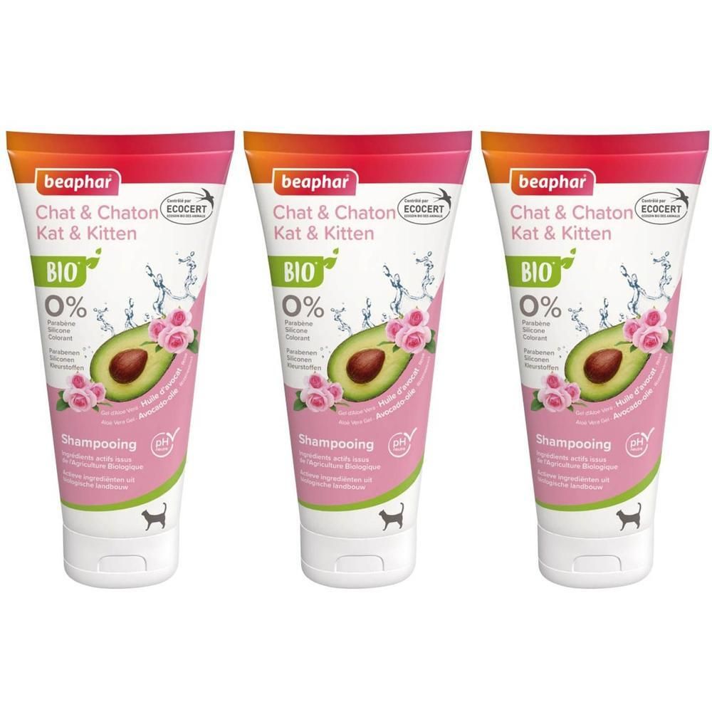 Drie Beaphar Bio Shampoo flessen voor Kat & Kitten met avocado en rozen. 0% parabenen, siliconen, kleurstoffen.