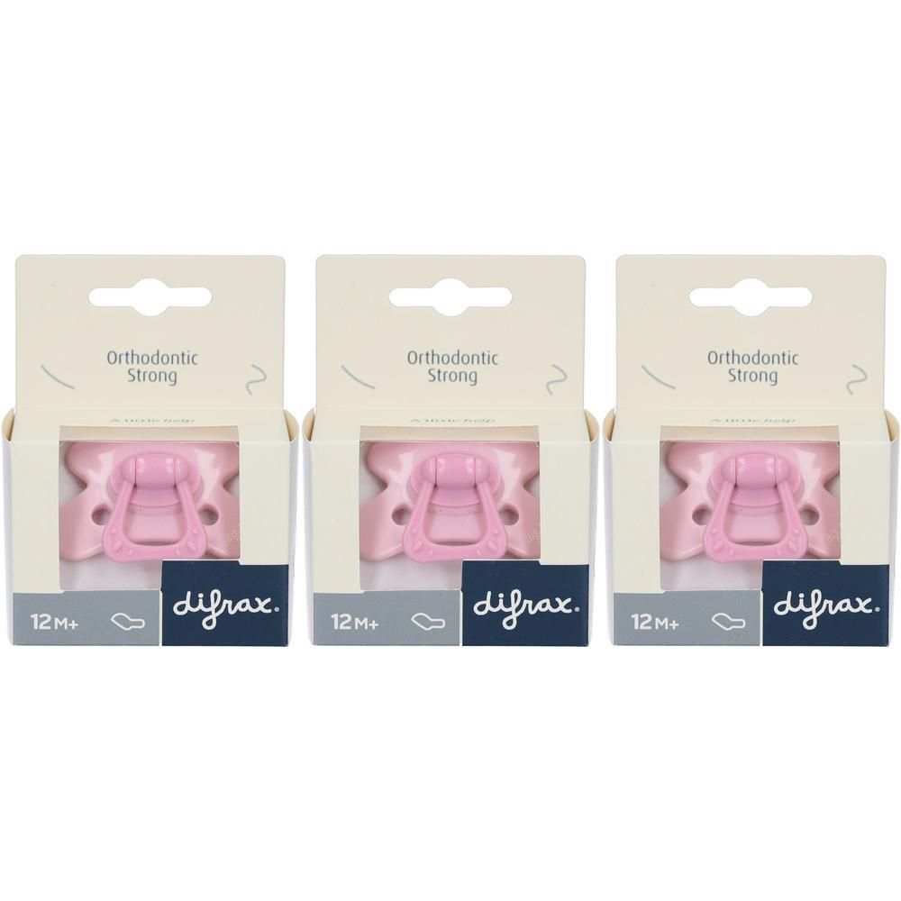 Trois sucettes Difrax roses en emballage "12M+". Orthodontiques et solides.