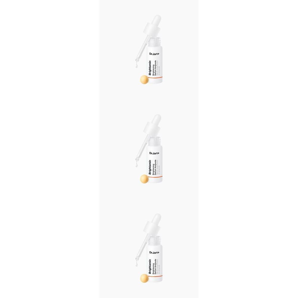 Trois flacons de Dr. Jart+ Brightamin Brightening Serum Ampoule avec pipettes.