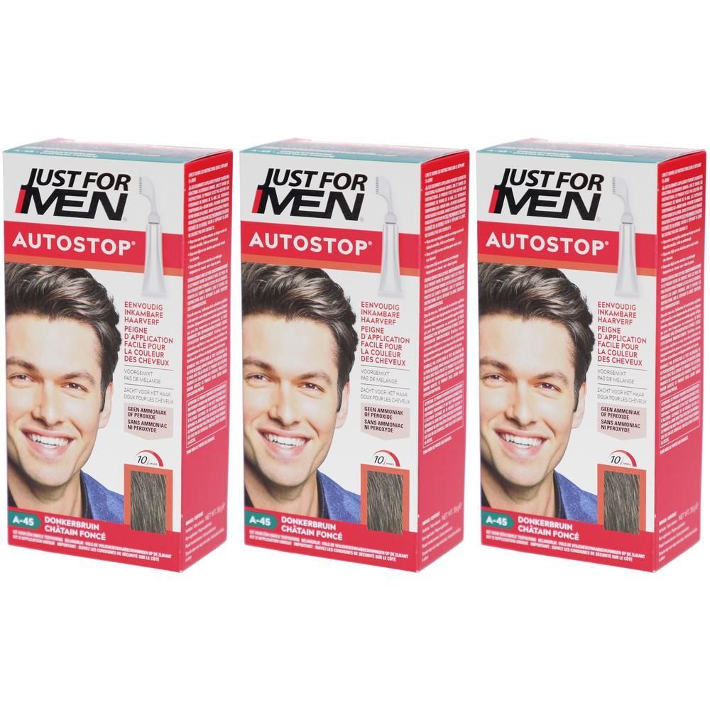 Drie pakken Just For Men Autostop, haarkleur Donkerbruin A-45. Toont mannengezichten en kleurstalen.