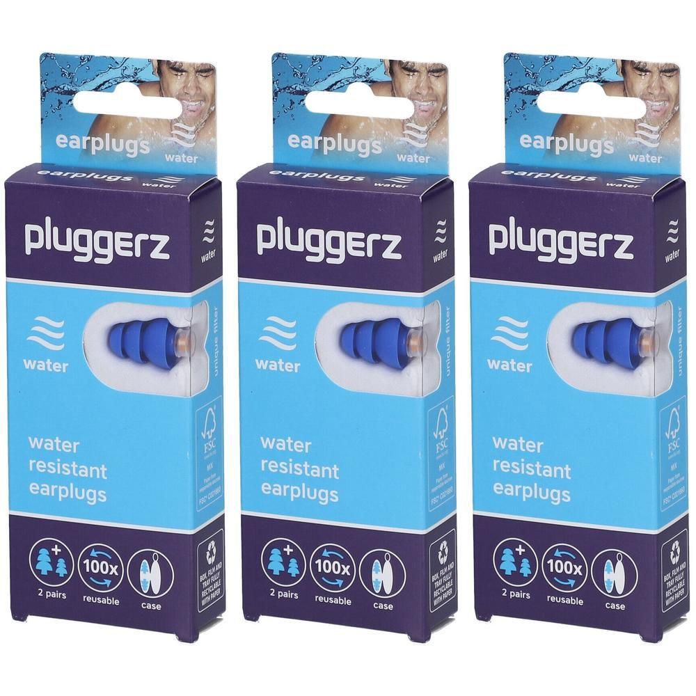 Drie pakken Pluggerz Flexi siliconen oordopjes voor water. Waterbestendig, herbruikbaar, 2 paar per pak.