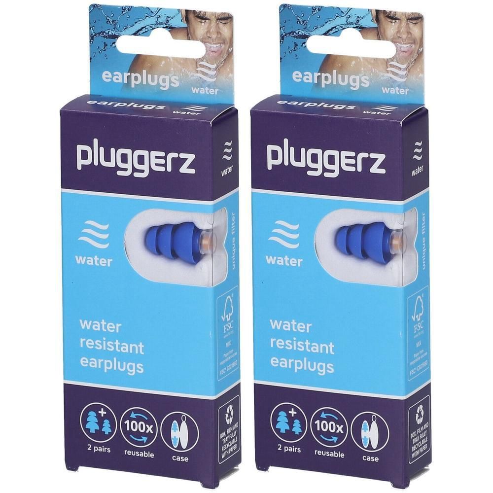 Twee pakken Pluggerz Flexi siliconen oordopjes voor water. Blauw, herbruikbaar, 2 paar.