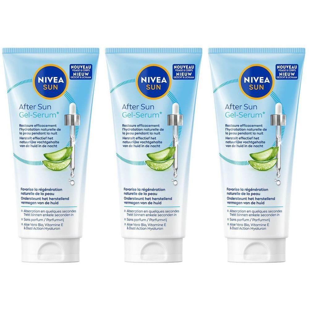 Drie tubes NIVEA Sun After Sun Gel-Serum met aloë vera en hyaluron.