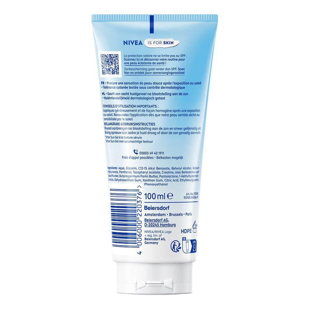 Achterkant van een tube NIVEA Sun After Sun Gel-Serum met ingrediënten en 100ml aanduiding.