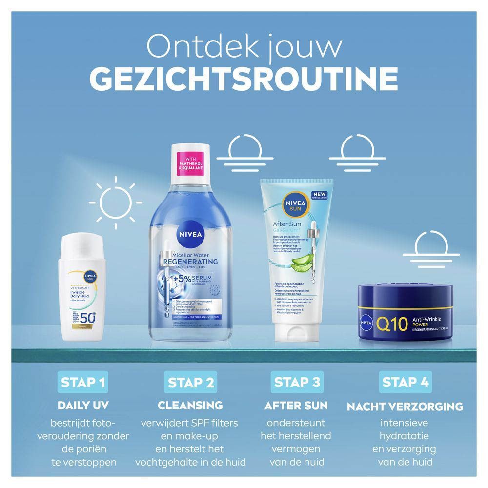 NIVEA gezichtsroutine: Daily UV, Reiniging, After Sun Gel-Serum en Nachtverzorging.