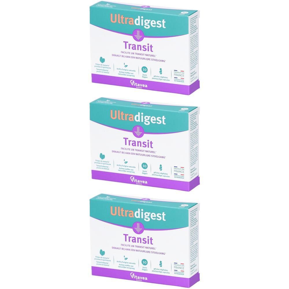 Trois boîtes Vitavea Ultradigest Transit avec informations sur le transit.