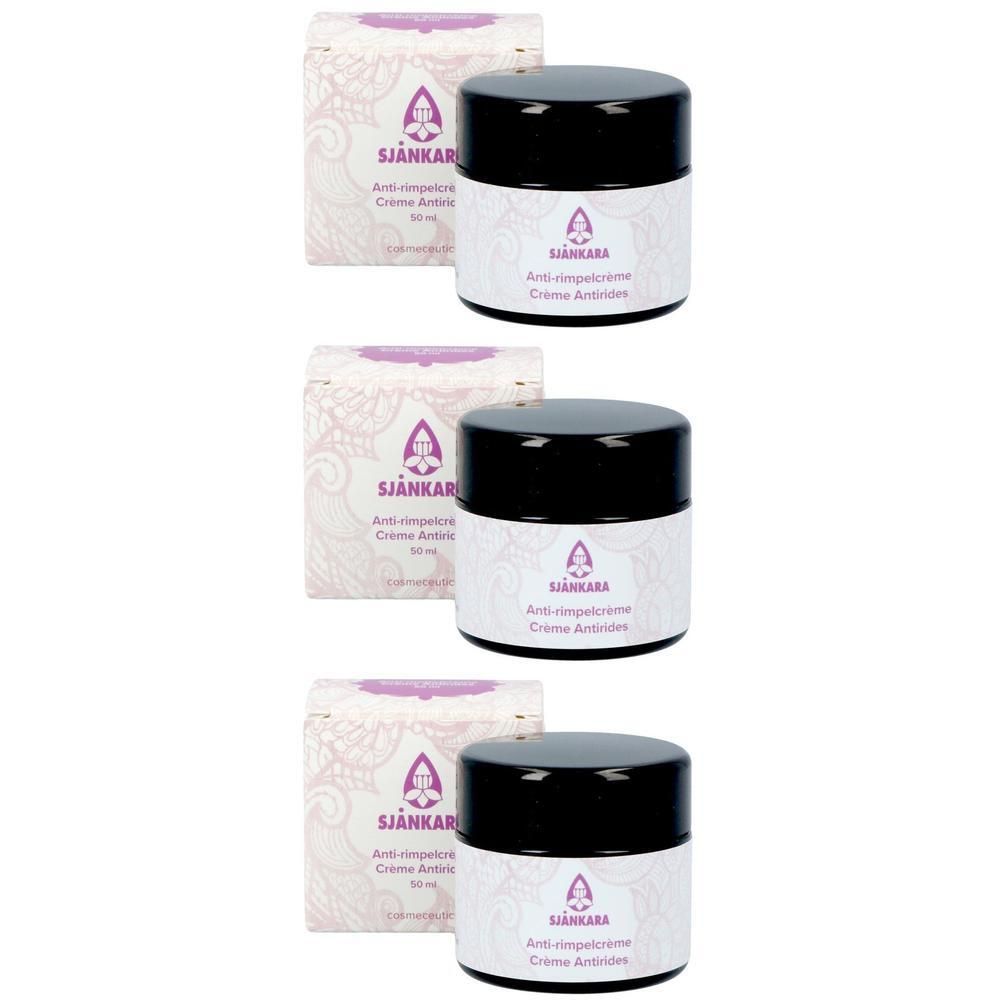 Drie Sjankara anti-rimpelcrème potjes met verpakking. 50 ml potjes met zwarte deksel en wit etiket.