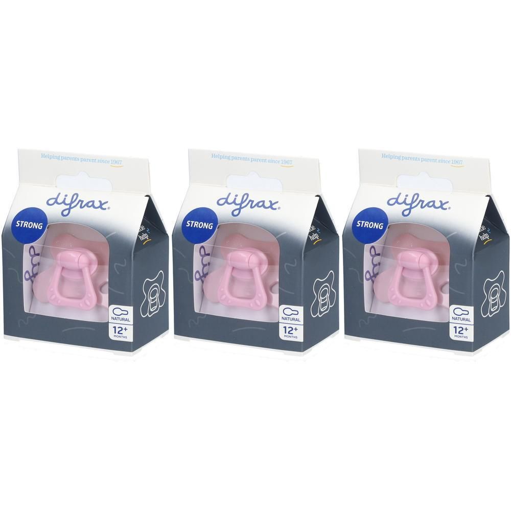 Trois sucettes Difrax roses, 12+ mois, en emballages individuels.