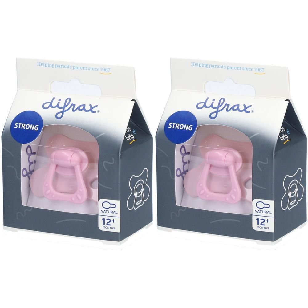Deux sucettes Difrax rose, 12+ mois, inscription "Strong" et "Natural".